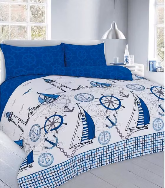 Homespace Direct Ltd Sailboats Nautical Reversible Duvet Cover and Pillowcase Set, Blue, W/D/H: 220 x 220 cm, Pillowcase: 50 x 75 cm