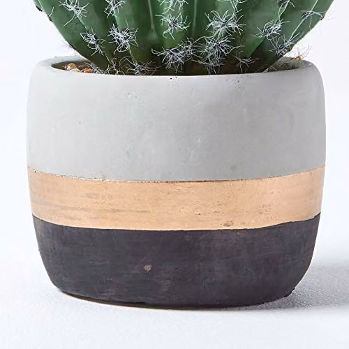 Homescapes Golden Barrel Artificial Succulent Cactus in a Striped Stone Pot, Green, Gold, Grey and Black, Height: 19 cm – 3