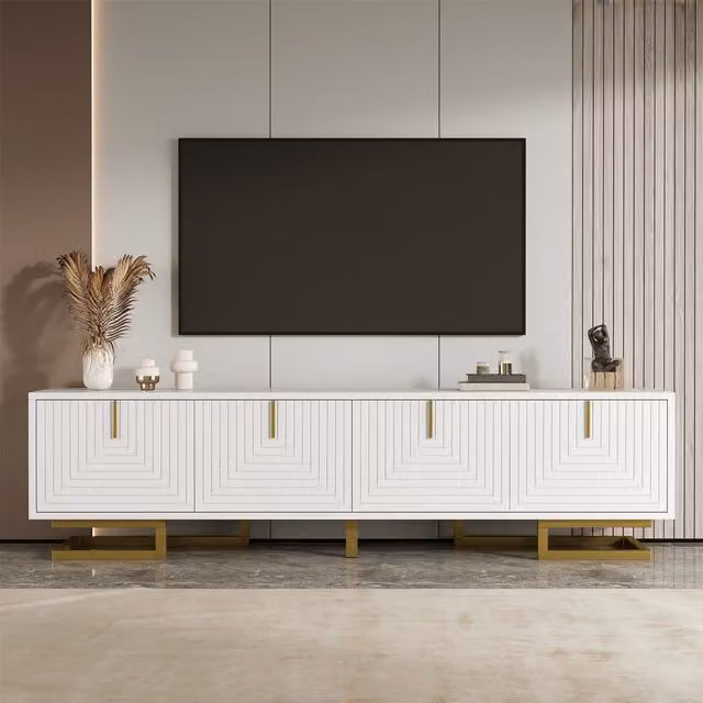 Aosom UK Modern White TV Cabinet with Textured Geometric Doors and Golden Handles, W: 160 cm, D: 38 cm, H: 44.5 cm