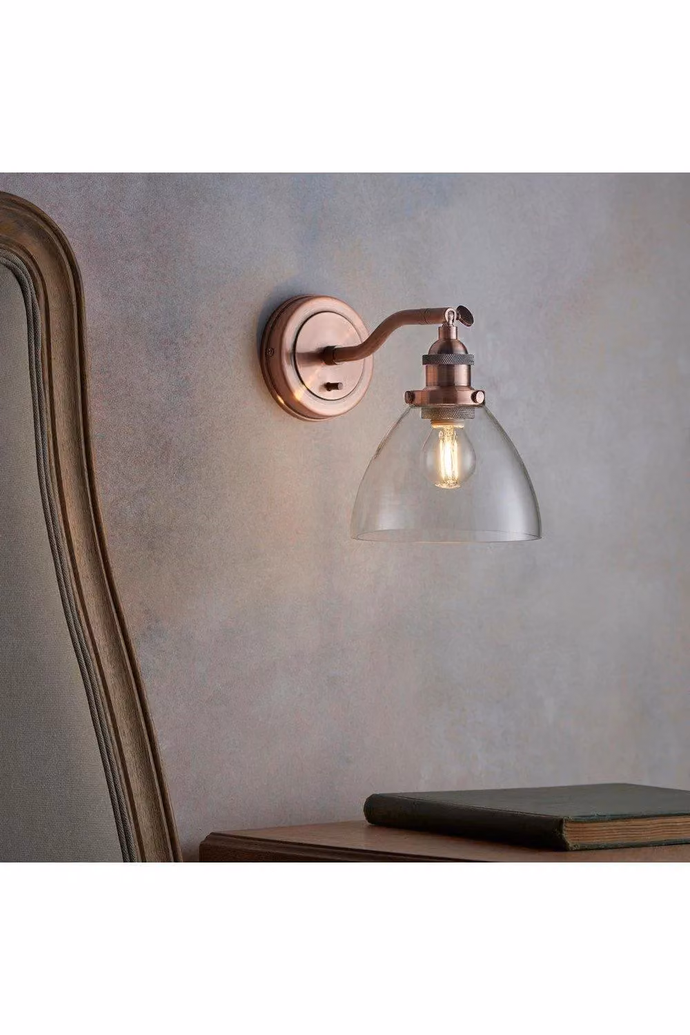 Netlighting Hansen Single Light Wall Lamp with Clear Glass Dome and Aged Copper Plate, E14 – 2