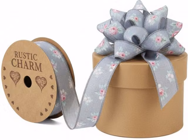 Kingsbury Gifts Vintage Elegance Linen Look Floral Ribbon, Purple, W: 25 mm, L: 10 m