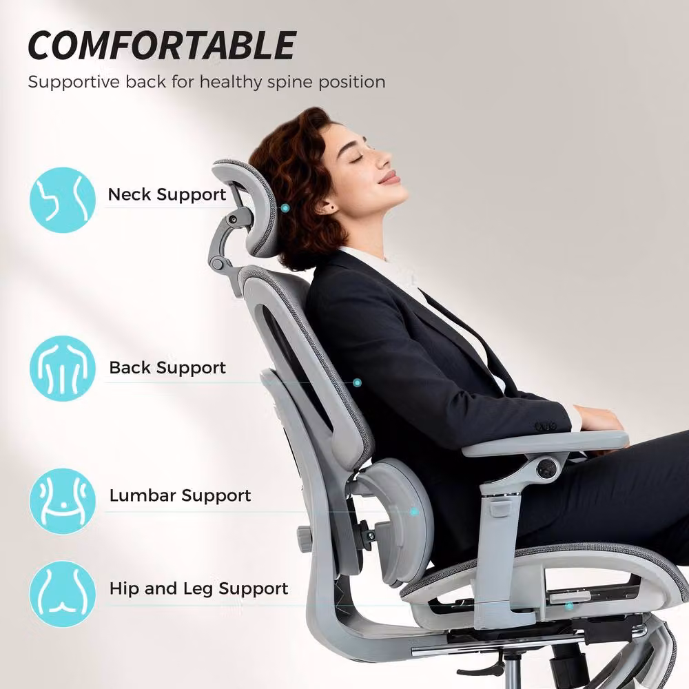 HOMCOM Ergonomic Grey Fabric Mesh Office Chair with Headrest, Footrest and Armrests – 3