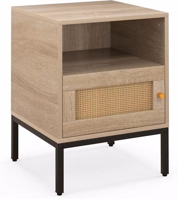 COSTWAY Rustic Brown Nightstand and Sofa Side Table with Rattan and Metal Accents