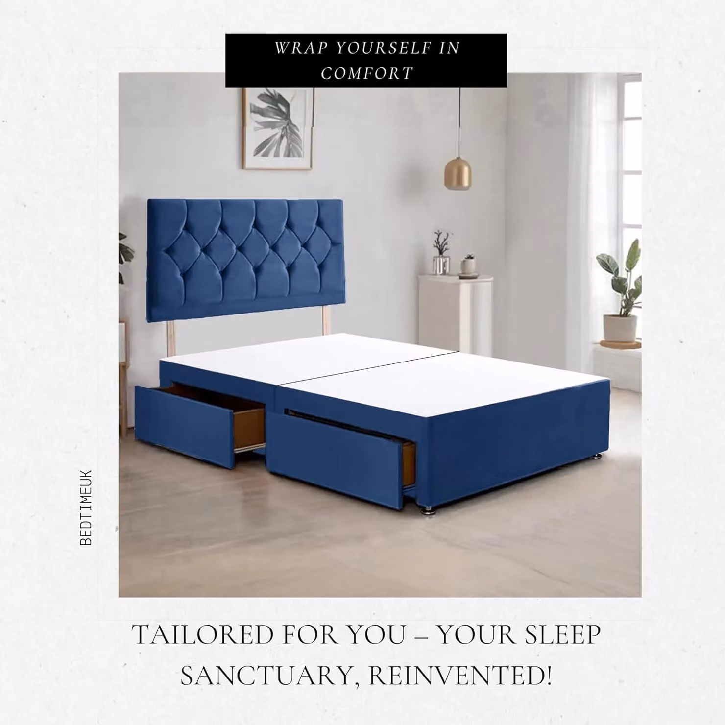Bed Time UK Ziggy Plush Velvet Divan Bed Frame with 2 Drawers and 20 inch Headboard in Blue, W/D/H: 120 x 200 cm – 3