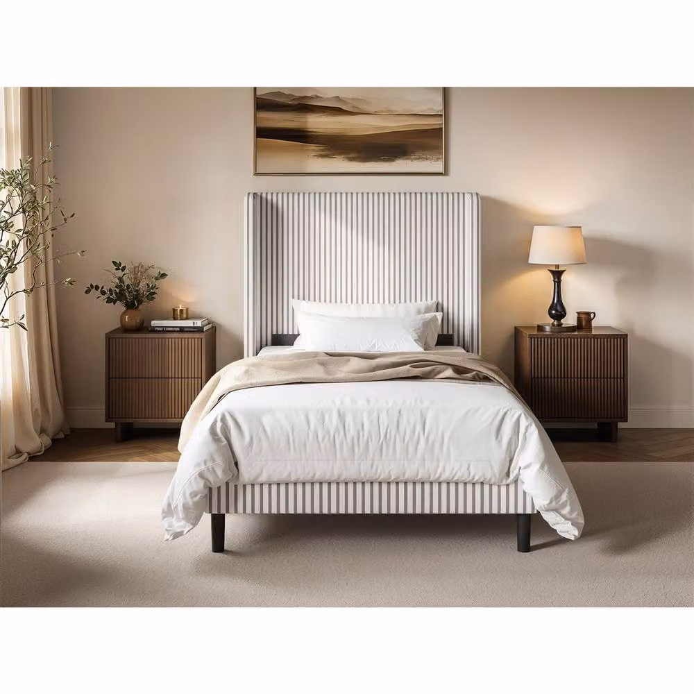 Solace+Co Jovanna Striped Upholstered Bed with Winged Headboard in Brown, W/D/H: 90 x 200 x 108 cm – 2