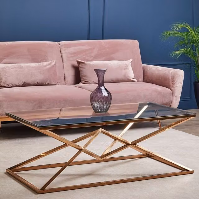 Orsina Geometric Design Corseted Coffee Table in Gold with Glass Top, W/D/H: 120 x 60 x 45 cm – 1