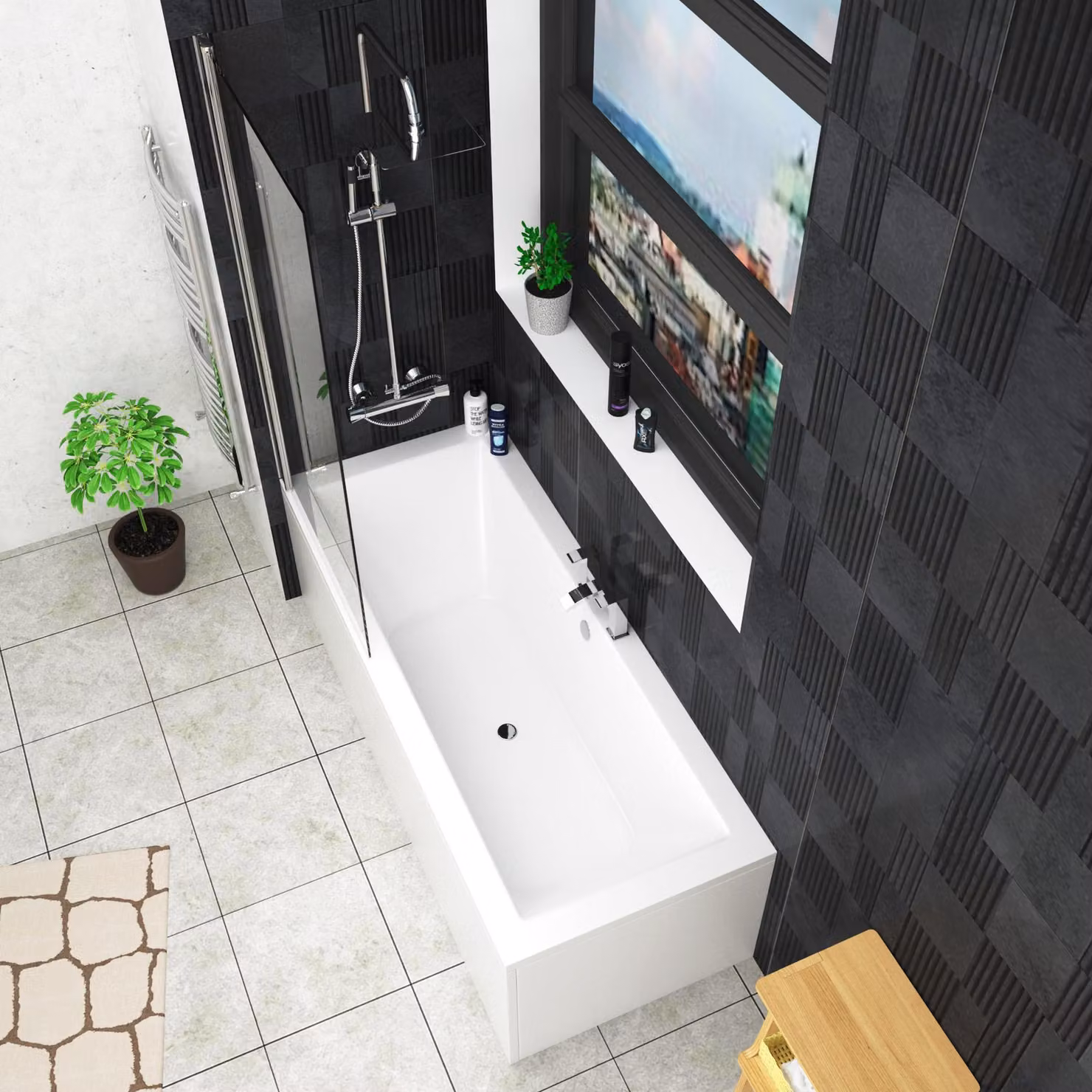 Royal Bathrooms Amaze Acrylic Square Double Ended Shower Bath with Square Screen and Panel, White and Silver, W: 170 cm, D: 70 cm