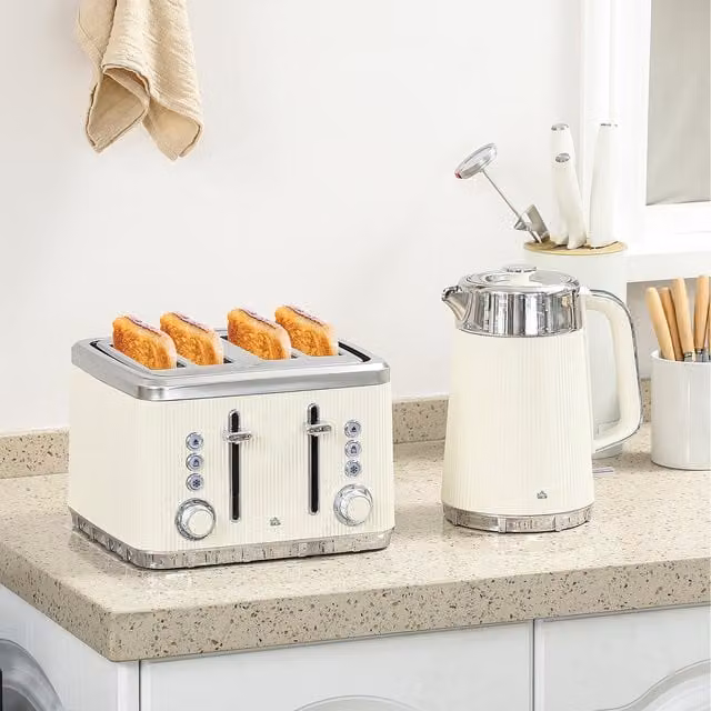 HOMCOM Rapid Boil Kettle 1.7L and 4 Slice Toaster Set with Crumb Tray in Cream/Beige/White