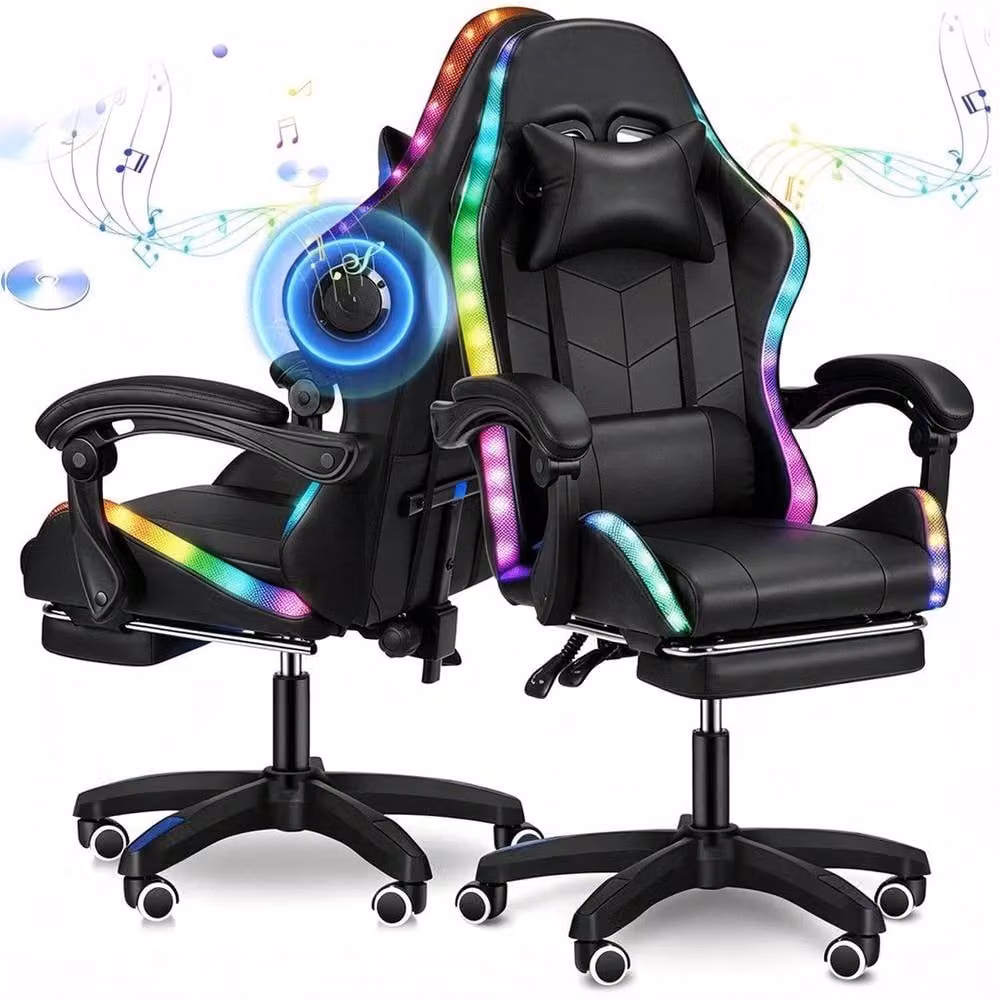 FORGEVIO Ergonomic Gaming Chair with LED Lights and Headrest in Black Synthetic Leather – 2