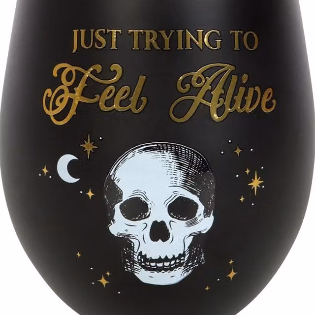 KDMK Just Trying To Feel Alive Stemless Wine Glass in Black and Gold, 500 ml