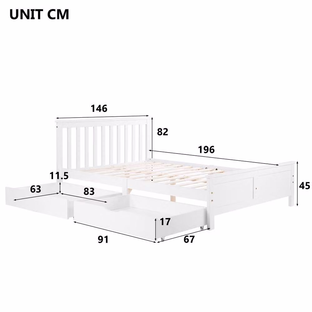 ModernLuxe White Solid Pine Double Bed with Under-bed Drawers, W/D/H: 140 x 200 x 82 cm – 4