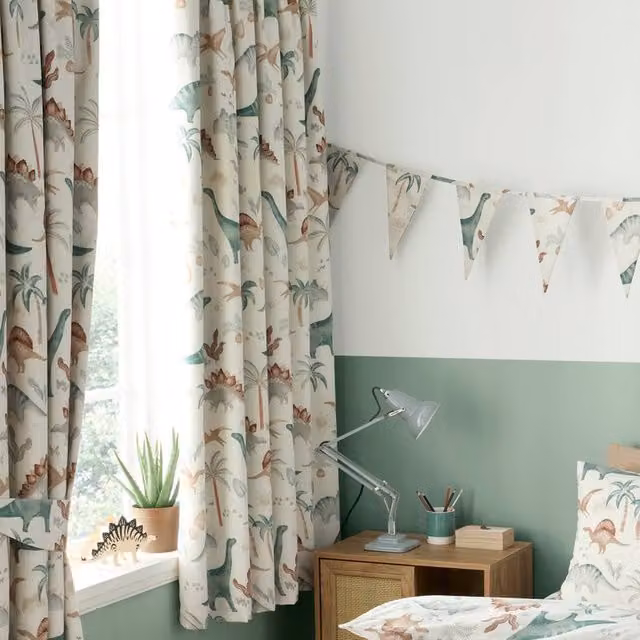 Happy Linen Company Scandi Saurus Dinosaur Thermal Blackout Pencil Pleat Curtain Set in Ivory, Width: 167 cm, Drop: 183 cm