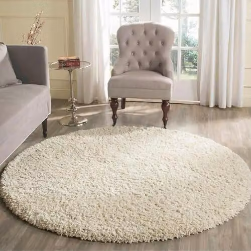 Serdim Rugs Oxford Plain Soft Thick Shaggy Round Living Room Rug, Ivory, Diameter: 120 cm