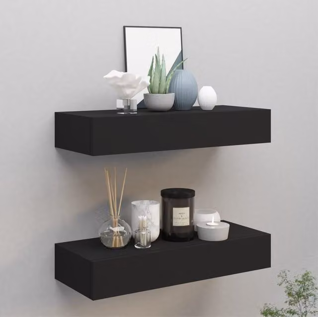 Berkfield Home Wall-mounted Drawer Shelves, 2 Piece Set in Black MDF and Metal, W: 60 cm, D: 23.5 cm, H: 10 cm – 1