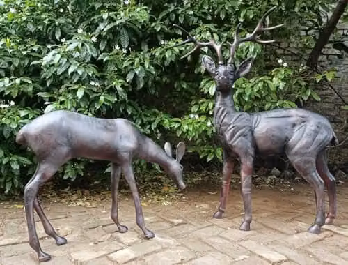 Inspirational Gifting Bronze Stag and Doe Garden Sculpture Set, Aluminium Metal Ornament