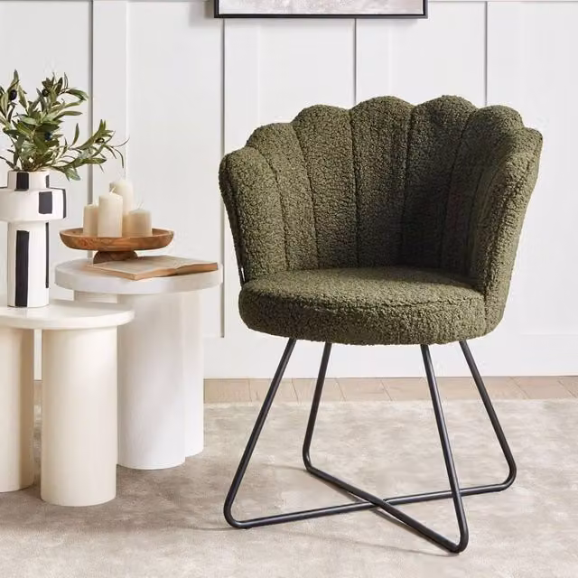 Wyld and Coco Armless Boucle Chair in Dark Green with Shell Back and Black Metal Frame – 1
