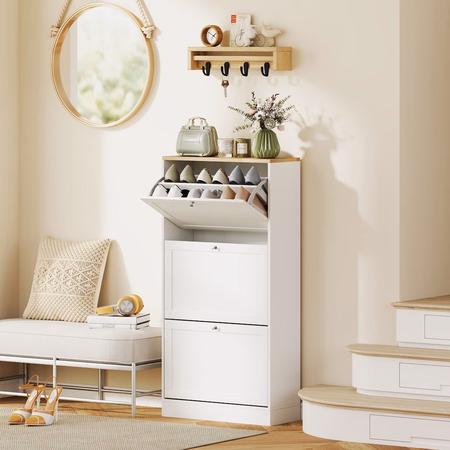 HOMCOM White Slim Shoe Cabinet with 3 Tilting Compartments for 18 Pairs of Shoes – 1