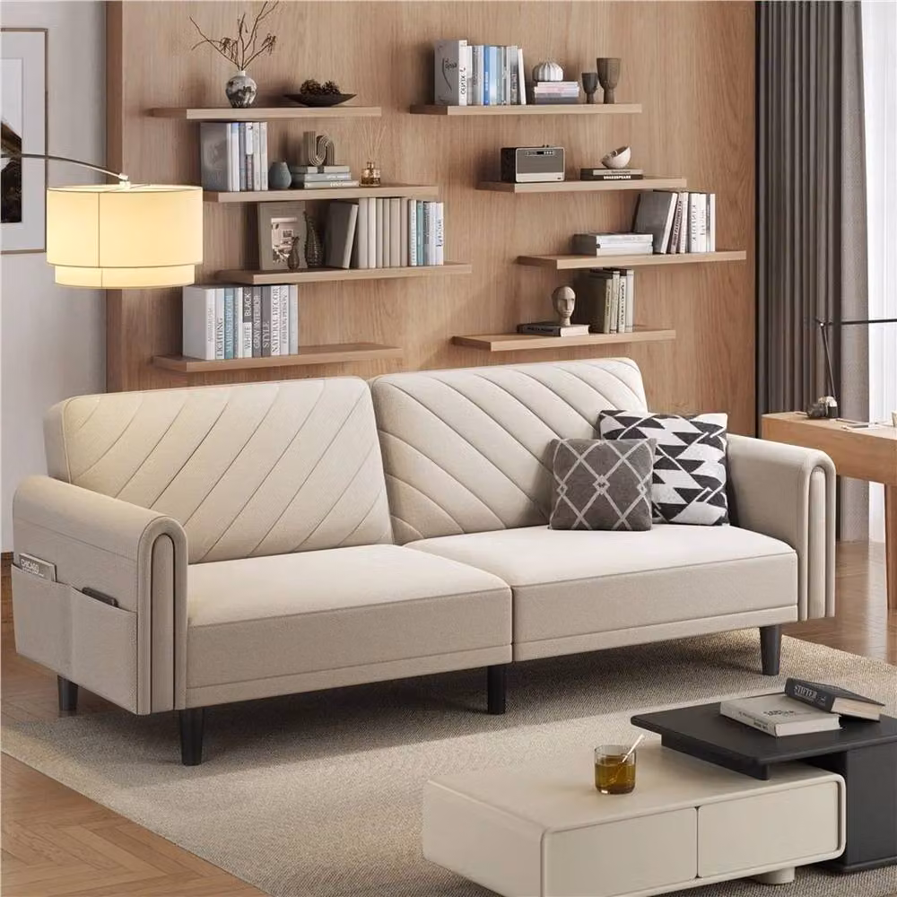 PAWNORA 3-Seater Click-clack Sofa Bed in Beige Fabric with Sleeping Function – 3