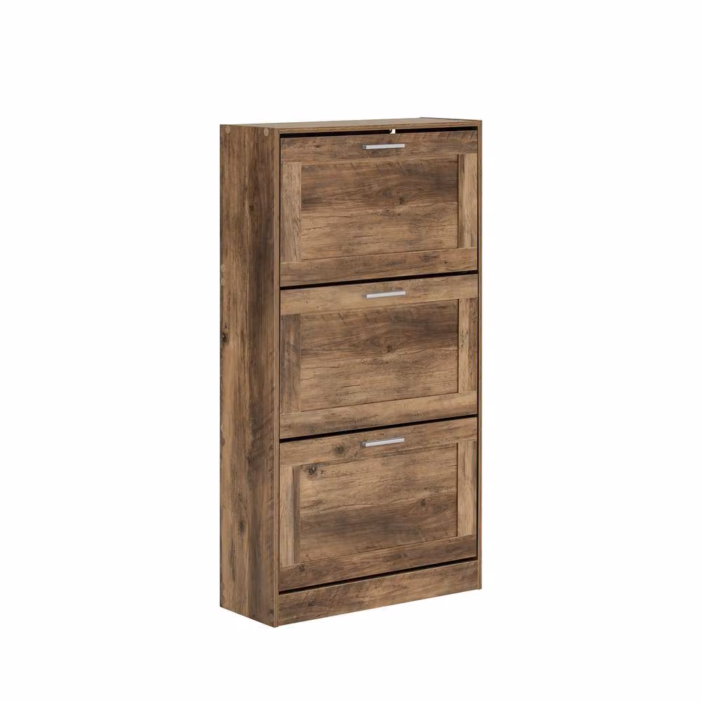 SoBuy Slim Flip-Down Shoe Cabinet in Rustic Brown and White with Tilting Compartments and Internal Shelves – 2