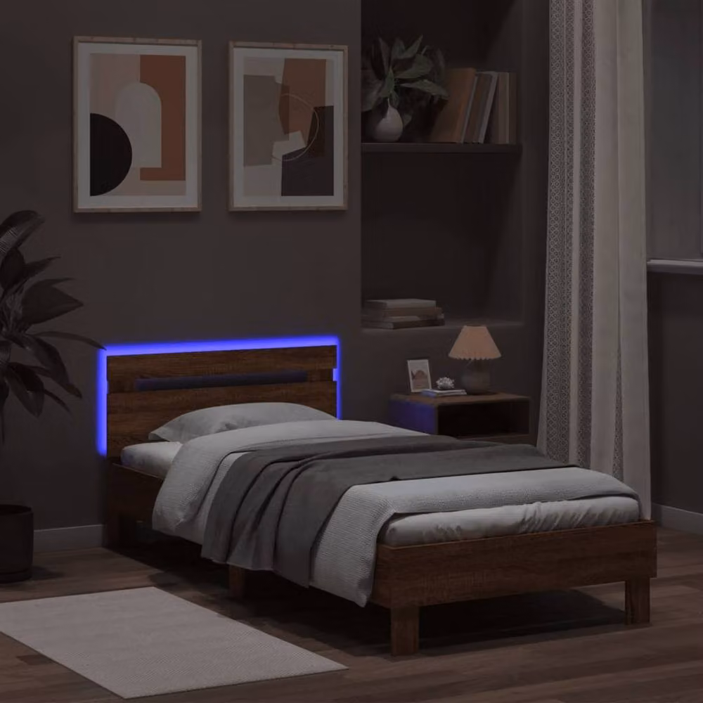 Berkfield Home Durable Bed Frame with LED Under-Bed Lighting in Brown Oak, W/D/H: 100 x 200 x 70 cm – 3