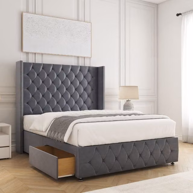 BSSPOKE Mayfair Plush Divan Bed with 54 inch Headboard and 2 Drawers in Charcoal Grey, W/D/H: 120 x 200 cm