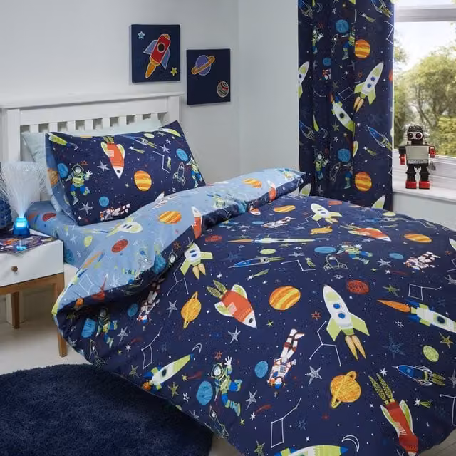Bedlam Supersonic Glow In The Dark Reversible Childrens Duvet Cover and Pillowcase Set, Blue, W/D/H: 200 x 200 cm