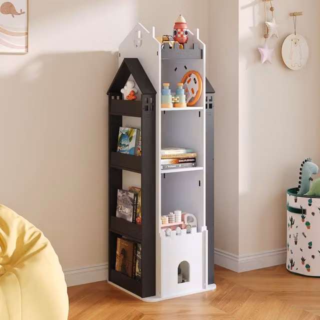 Livingandhome 5-Tier Castle Rotating Kids Bookshelf in Black