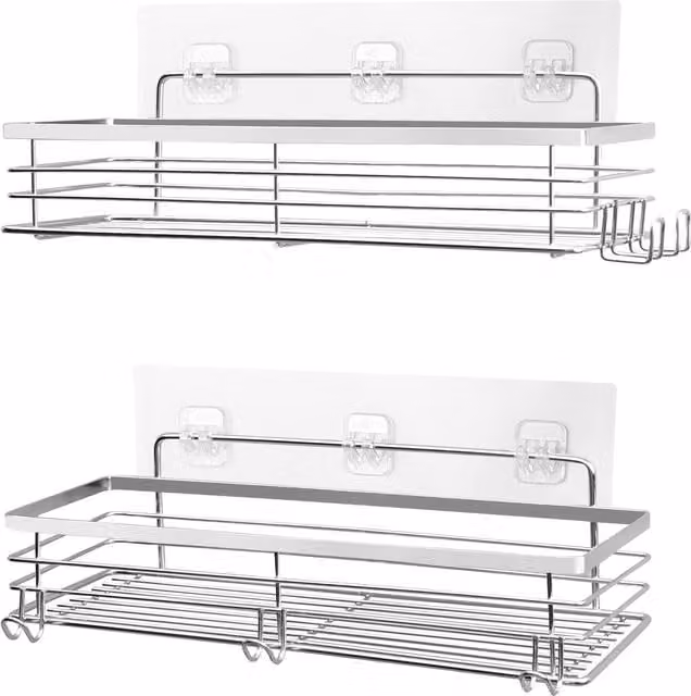 House Of Home Set of 2 Self Adhesive Stainless Steel Shower Caddies, Silver