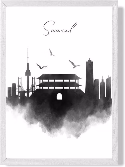 ARTZE Seoul Watercolour Skyline City Framed Print, Black and White, A2