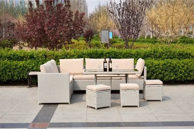 Life Interiors Minimalist 7-Seater Rattan Garden Lounge Set in White and Beige with Glass Table