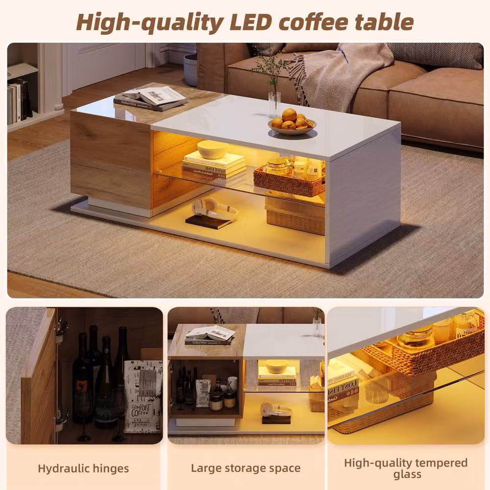 Merax 2-Tone High Gloss LED Coffee Table with Glass Shelf and Storage Cabinet in White – 6