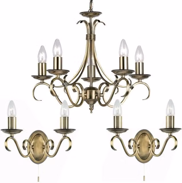 Loops Vintage Lighting Pack Including 5-Lamp Ceiling Light and 2x Twin Wall Lights in Antique Brass