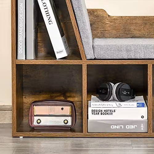 HOMCOM Bookcase Storage Shelf with Cushioned Reading Seat, Rustic Brown – 7