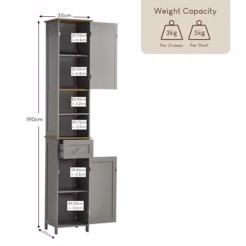 Bath Vida Priano 2 Door Tall Bathroom Floor Cabinet with Mirror, Grey, H 190 x W 35 x D 30 cm – 2