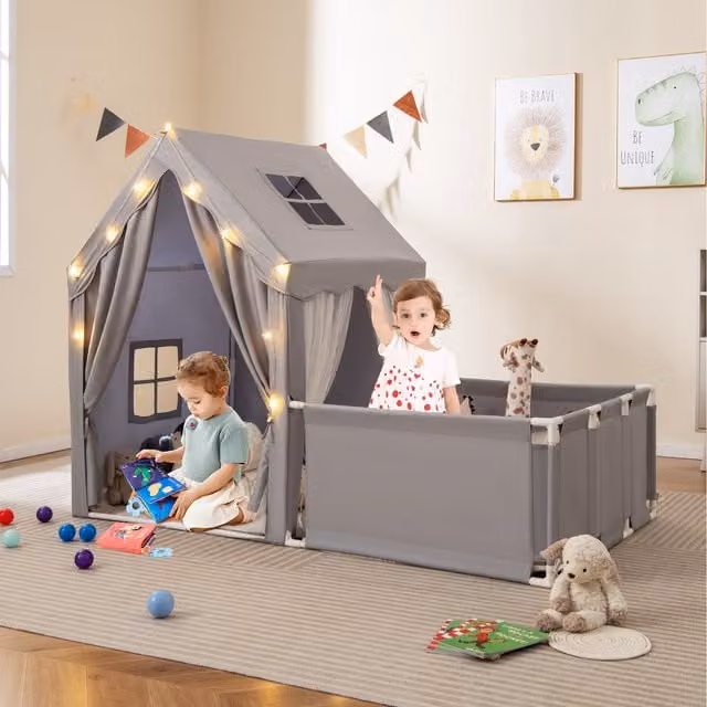 COSTWAY 2-in-1 Toddler Playhouse with Yard and Light and Sound Features in Grey