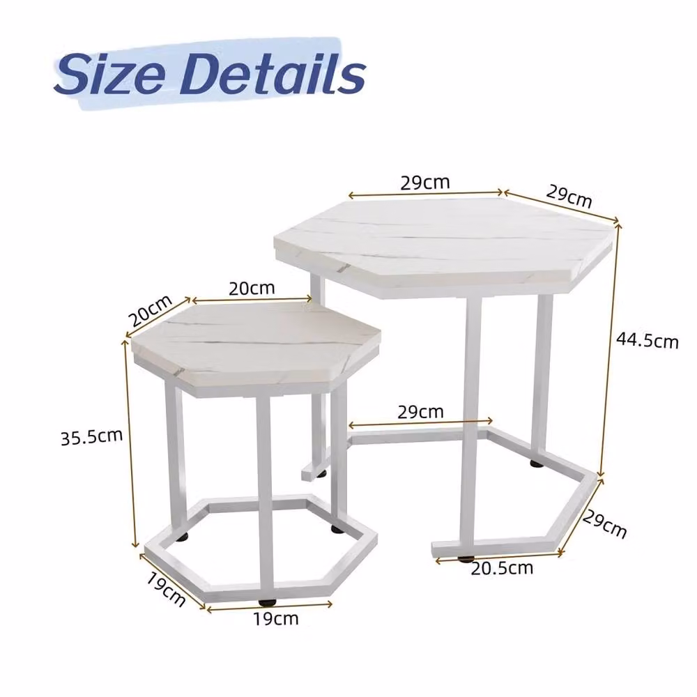 VOGREX Set of 2 White Marble Effect Nesting Side Tables with White Metal Frame – 2