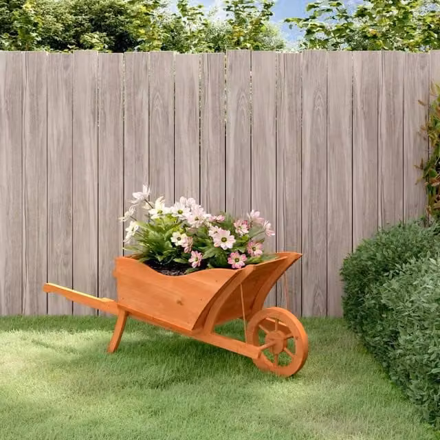 Berkfield Home Wheelbarrow Planter in Brown Solid Wood Fir, W: 128 cm, D: 45.5 cm, H: 43 cm