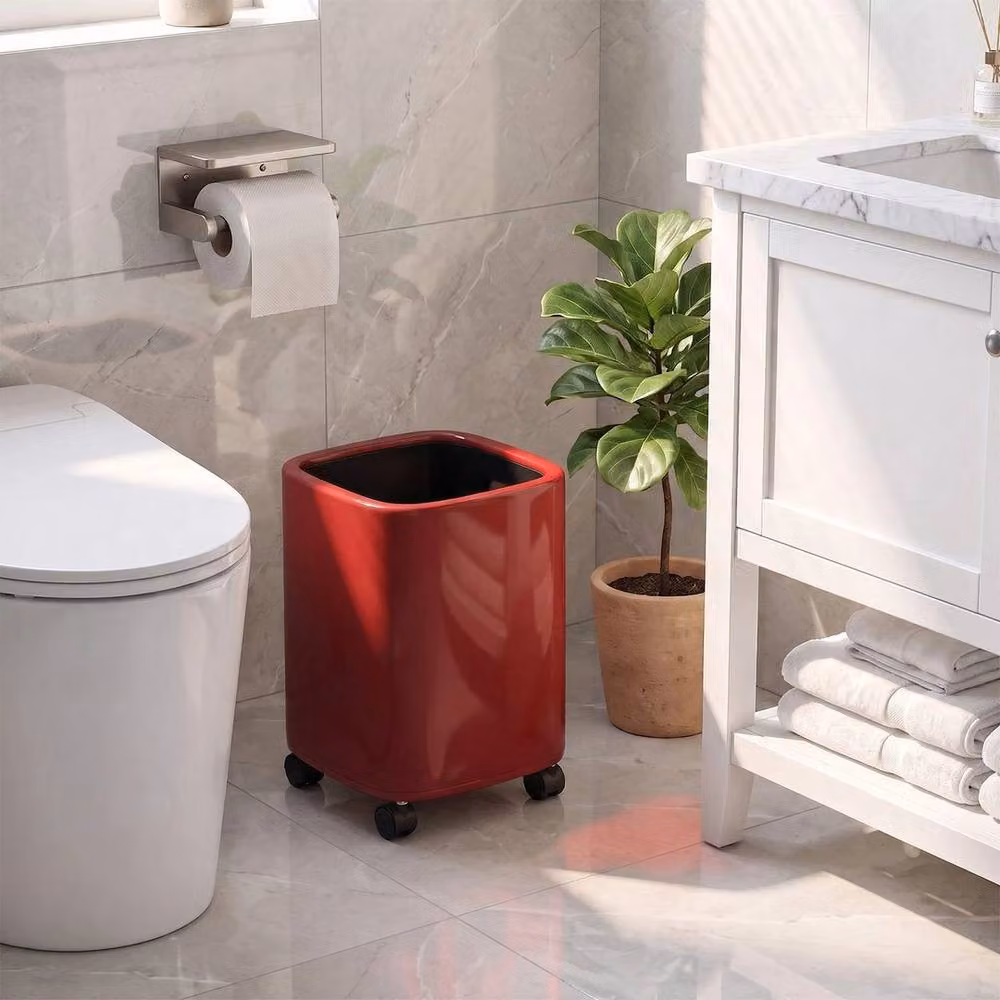 PAWNORA 12L Wheeled Plastic Rubbish Bin with Removable Inner Bucket, Red, H: 32 cm, W: 22 cm, D: 12 cm – 3