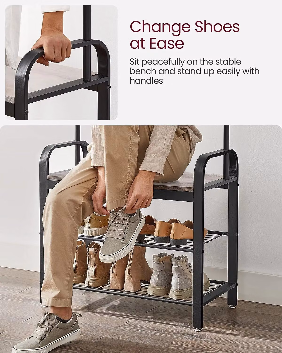 VASAGLE Hall Tree with Shoe Bench, Hooks and Clothes Rail in Light Beige and Black – 4