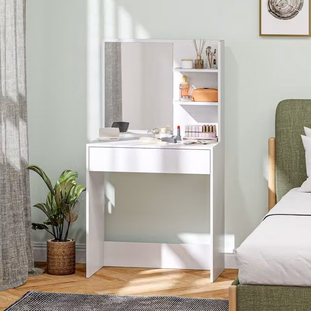 HOMCOM Modern White Dressing Table with Mirror and Storage – 1
