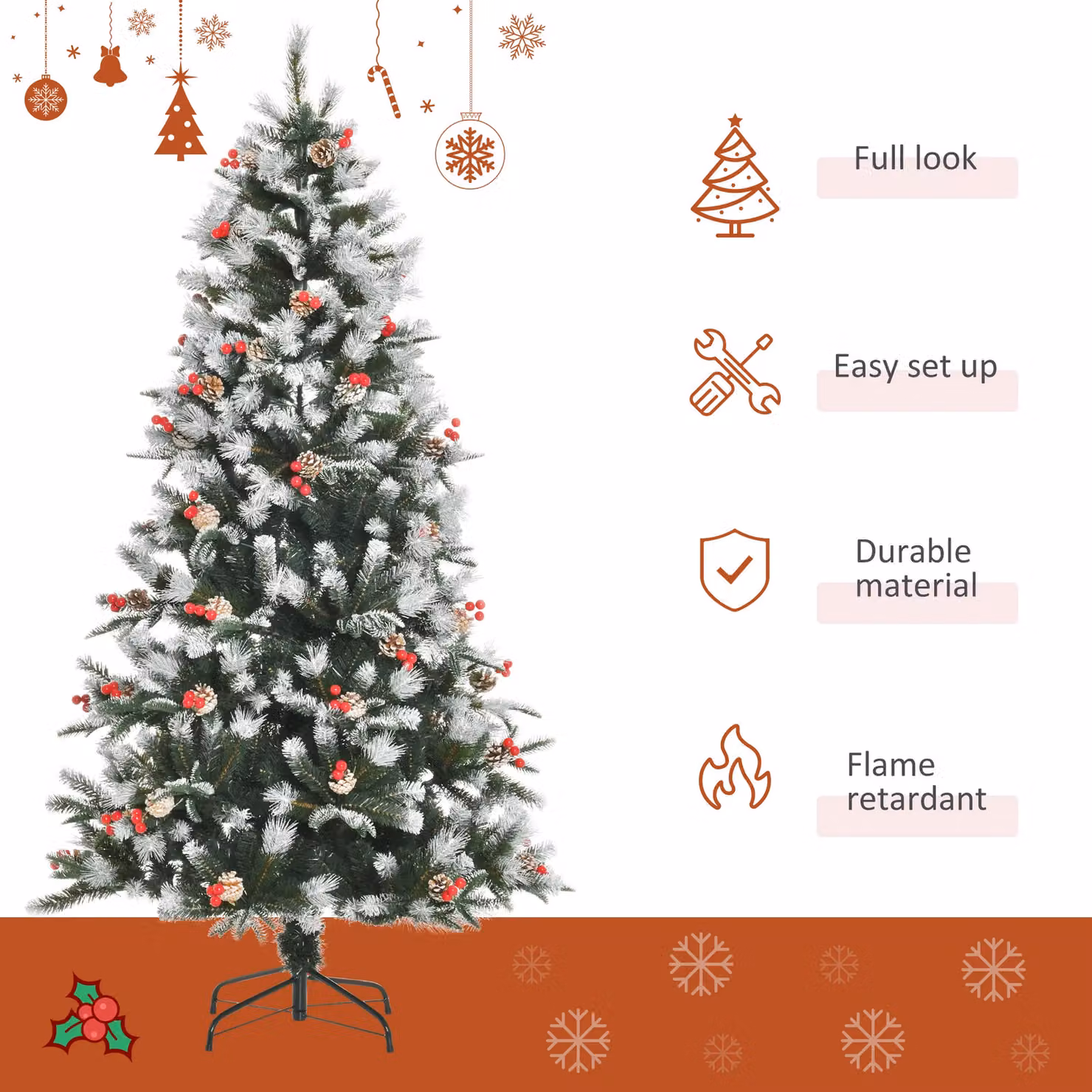 HOMCOM 6ft Artificial Snow Dipped Pencil Christmas Tree in Green – 3