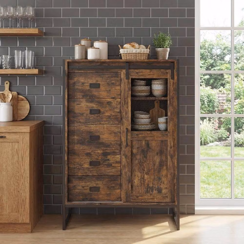 Costway Rustic Brown Floor Buffet Cabinet Organizer with Sliding Doors and Adjustable Internal Shelves – 7