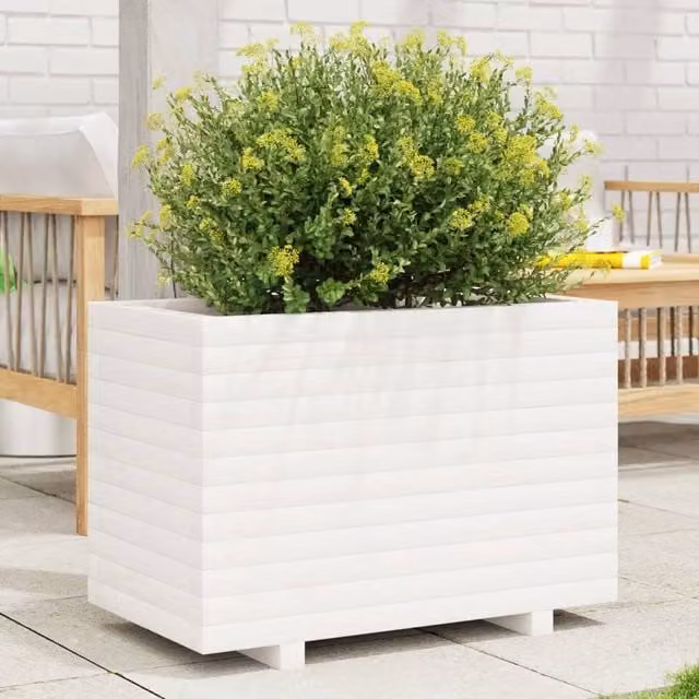 Berkfield Home White Wooden Garden Planter Tub W: 70 cm, D: 40 cm, H: 49.5 cm