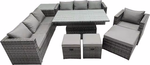 Fimous PE Rattan Garden Sofa Set with Rising Table and Footstools in Dark Grey