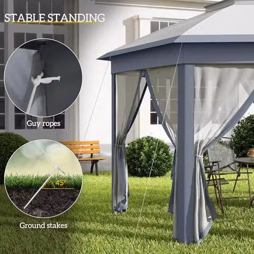 Outsunny Grey Hexagon Pop Up Garden Gazebo with Metal Frame, W: 3.4 m, D: 4.05 m, H: 2.85 m – 5