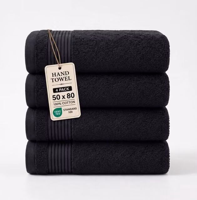 Grace Premium Fluffy Cotton Hand Towels, 4 Pack, Charcoal Grey, 500 GSM