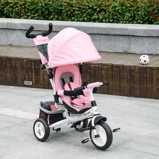 HOMCOM 6-in-1 Kids Tricycle with Canopy and Push Handle, Pink