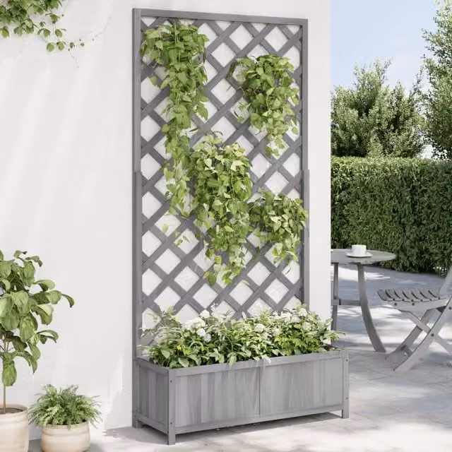 Berkfield Home Grey Solid Wood Planter with Trellis for Climbers – 1