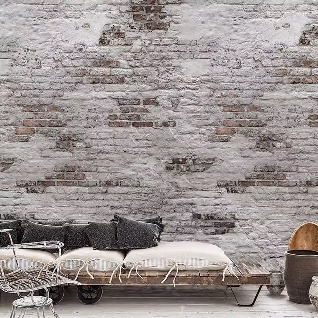 Grandeco Distressed Rustic Real Brick Repeatable Wallpaper Mural in Grey