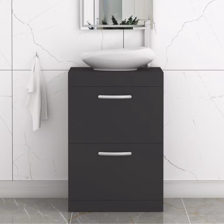 Nova Turin 500mm Floor Standing 2 Drawer Bathroom Vanity Unit with Countertop Basin in Matt Black